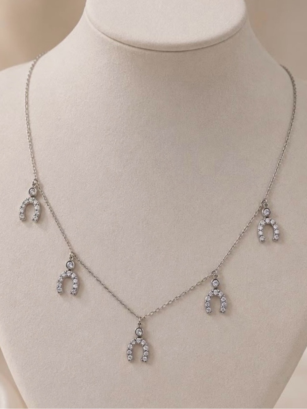 925 Sterling Silver Cubic Zirconia Horseshoe Charm Necklace - Silver